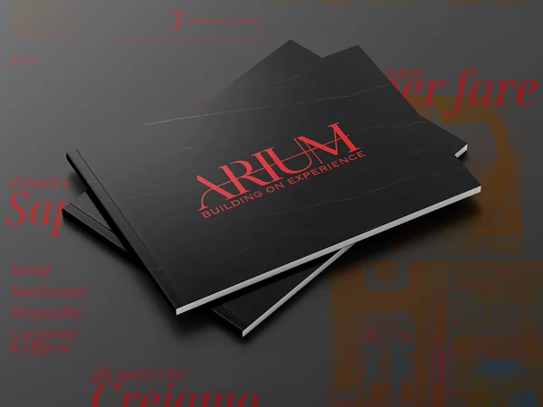 Mockup della brochure Arium con nuova identità visiva e claim, sviluppata per raccontare i progetti del General Contractor.