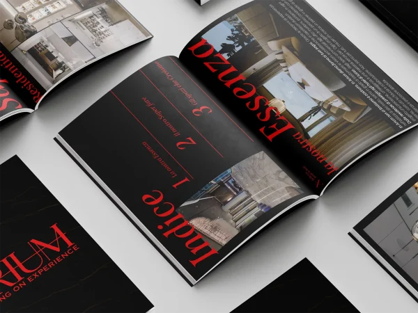 Mockup delle brochure Arium aperte sulle sezioni dedicate agli spazi e ai progetti realizzati nei settori residenziale, hospitality, retail e corporate.