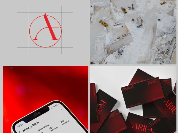 Presentazione dell’identità visiva Arium applicata a logo, materiali corporate, social media e immagini legate all’edilizia di alto livello.