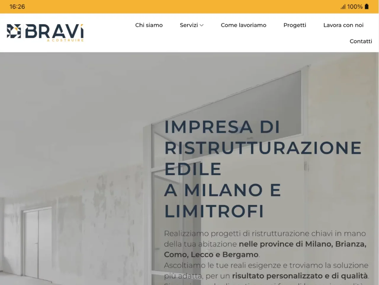Prima sezione della homepage del nuovo sito Bravi a Costruire, impresa di ristrutturazione edile chiavi in mano attiva a Milano, Brianza, Como, Lecco e Bergamo.