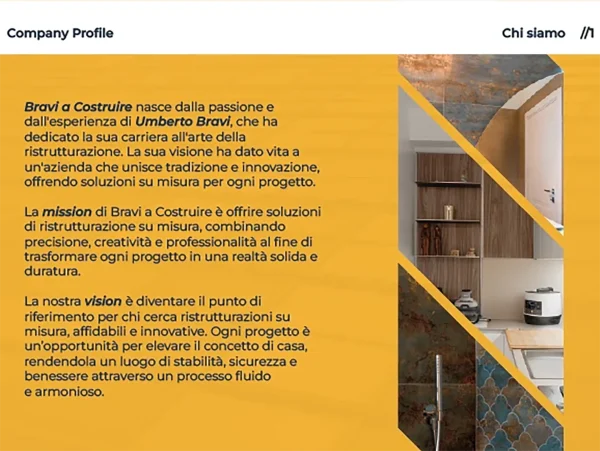 Pagina del company profile Bravi a Costruire dedicata a storia, mission e vision dell’impresa di ristrutturazione edile.
