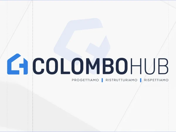 Tavola della brand identity Colombo HUB con logo, simbolo e payoff “Progettiamo, Ristrutturiamo, Rispettiamo”.
