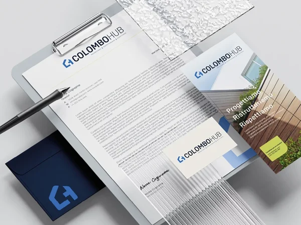 Applicazione dell’identità visiva Colombo HUB su carta intestata, biglietto da visita, brochure e altri elementi del coordinato aziendale.