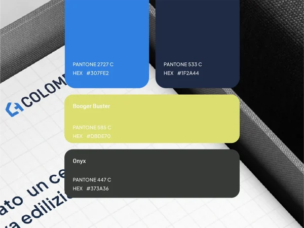 Palette cromatica dell’identità visiva Colombo HUB con blu, blu scuro, verde lime e grigio definiti tramite codici Pantone e HEX.