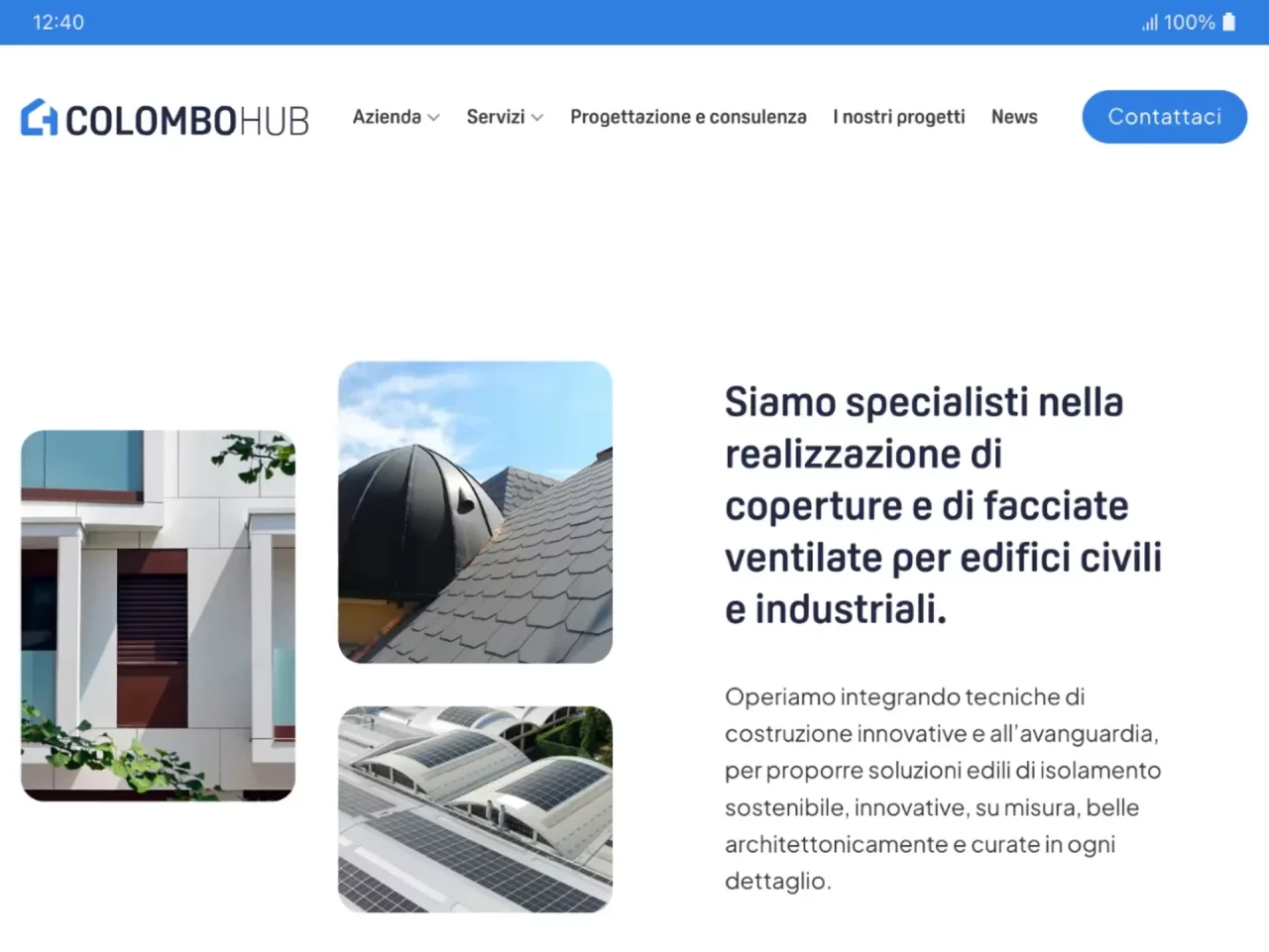 Prima sezione della homepage del sito web Colombo HUB, dedicata a coperture e facciate ventilate per edifici civili e industriali.
