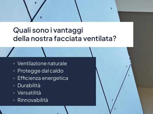 Sezione del sito Colombo HUB che illustra i vantaggi delle facciate ventilate, tra cui ventilazione naturale, efficienza energetica, durabilità e versatilità.