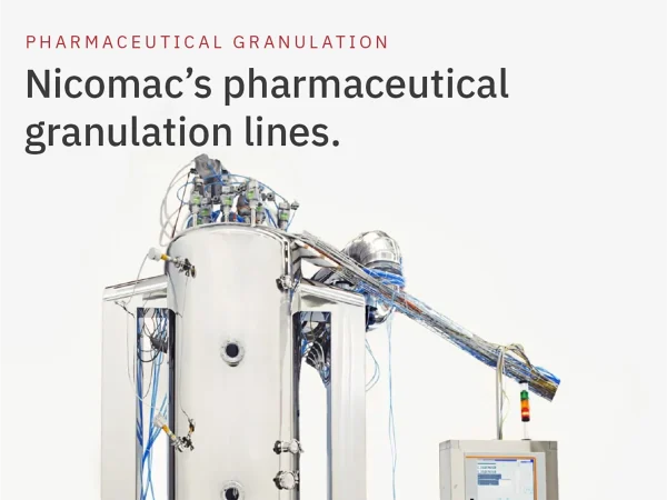 Sezione del sito Nicomac dedicata alle linee di granulazione farmaceutica, con impianto industriale per la produzione di forme orali solide.