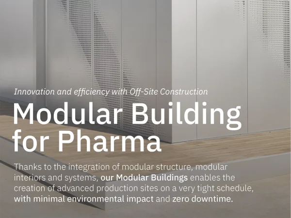 Pagina Nicomac dedicata ai Modular Building per il settore farmaceutico, soluzioni off-site per realizzare rapidamente siti produttivi avanzati.