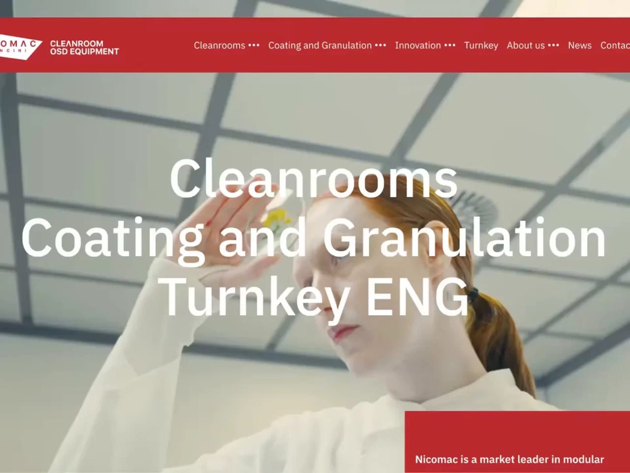 Anteprima del nuovo sito web Nicomac, con homepage dedicata a cleanroom, coating, granulazione e soluzioni turnkey per il settore farmaceutico.