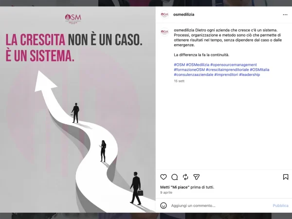 Contenuto social OSM Edilizia sul tema della crescita aziendale, con grafica dedicata a processi, organizzazione e continuità nella gestione d’impresa.