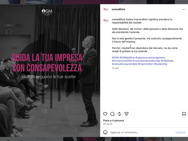 Post social OSM Edilizia dedicato alla leadership e alla responsabilità dell’imprenditore nella guida e organizzazione dell’impresa.
