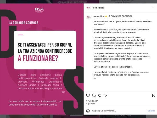 Contenuto social OSM Edilizia sul tema dell’organizzazione aziendale, con focus su processi chiari, autonomia e continuità dell’impresa.