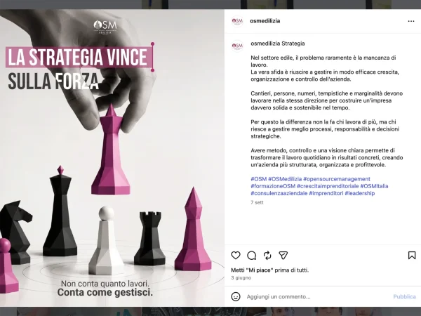 Post social OSM Edilizia dedicato alla strategia aziendale, con messaggio sull’importanza di metodo, controllo e organizzazione nella gestione dell’impresa edile.