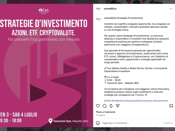 Contenuto social OSM Edilizia per promuovere un percorso formativo sulle strategie di investimento rivolto a imprenditori e professionisti.