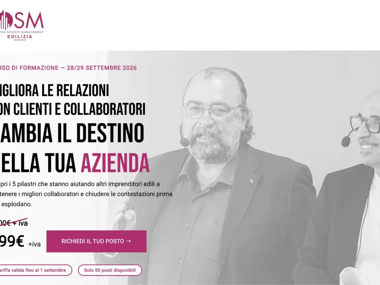Cover del progetto OSM Edilizia con landing page dedicata a un corso di formazione per migliorare le relazioni con clienti e collaboratori nel settore edile.